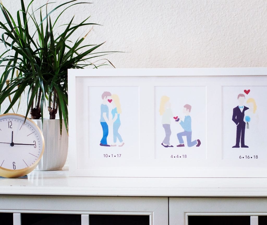 A framed collection of three watercolor prints